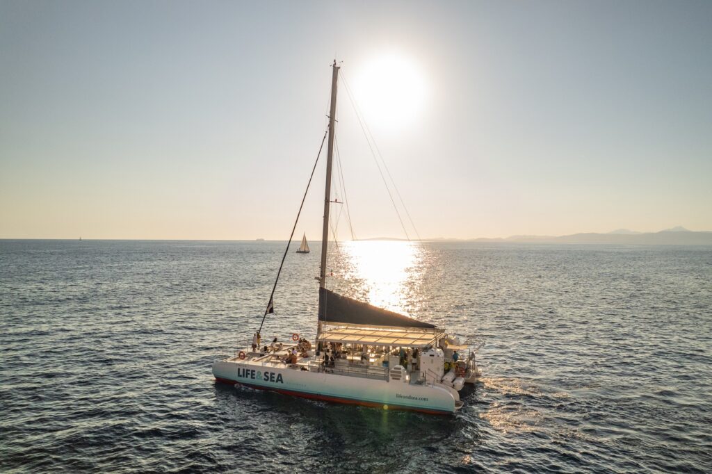 Catamaran cruising gently on the open sea, illuminated by the warm glow of the setting sun. Boat Tours Mallorca 2025