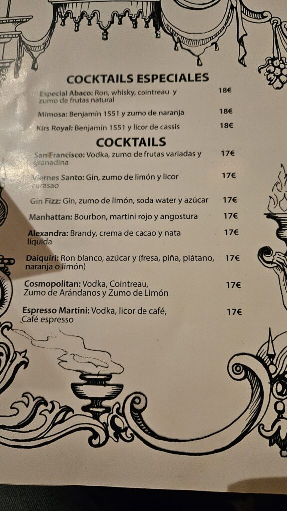 Menu Abaco Palma de Mallorca