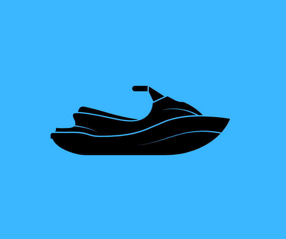 A black silhouette of a jet ski on a bright blue background. The design is simple and minimalistic, depicting a watercraft with dynamic waves underneath, symbolizing speed and movement on water.