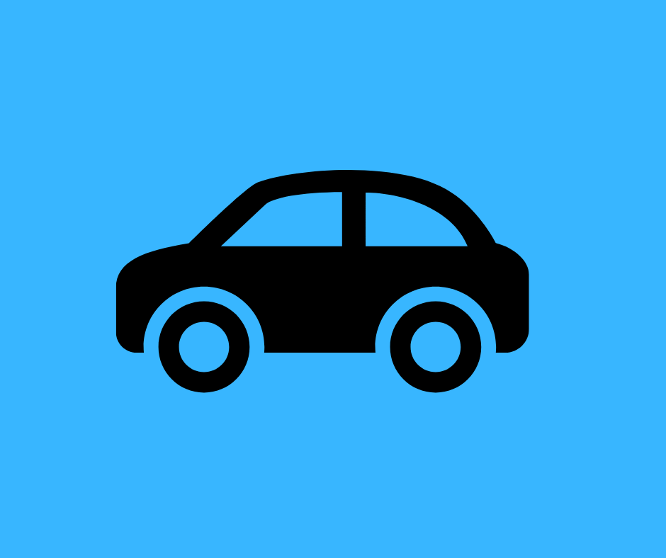 A black silhouette of a compact car on a bright blue background. The car has rounded edges, two circular wheels, and a clear window division, representing a generic automobile in a simple, modern style.