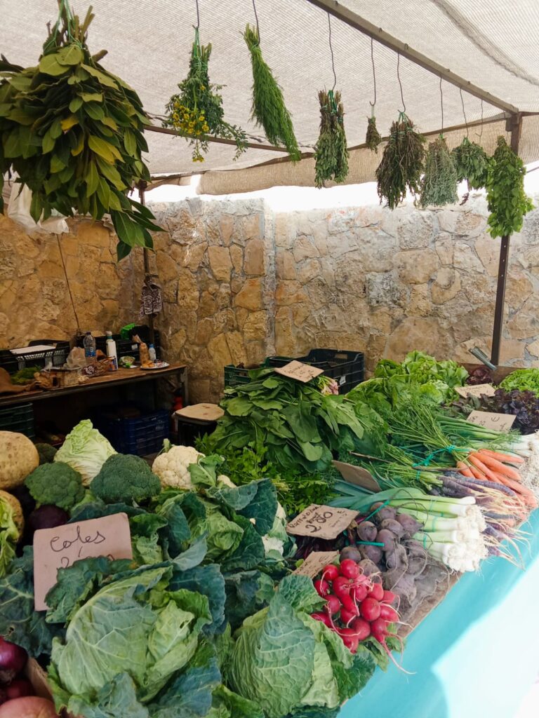 Colorful vegetables and leafy greens at a produce stall in Mercat Pere Garau.