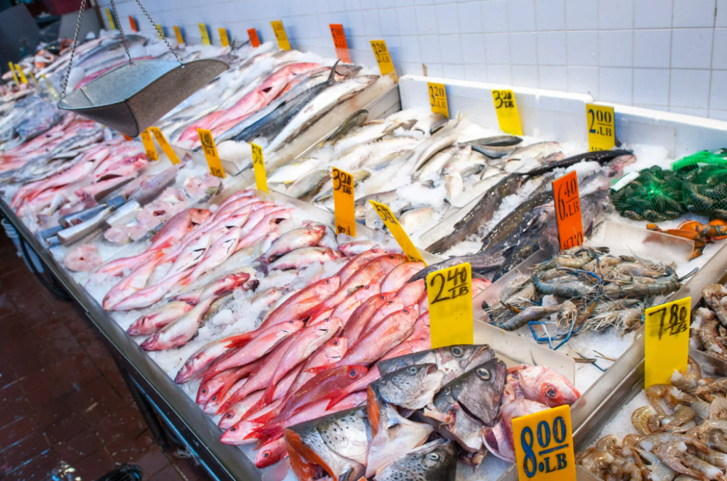 Fresh fish and seafood on ice at the weekly market  Can Picafort in Mallorca, labeled with prices.
