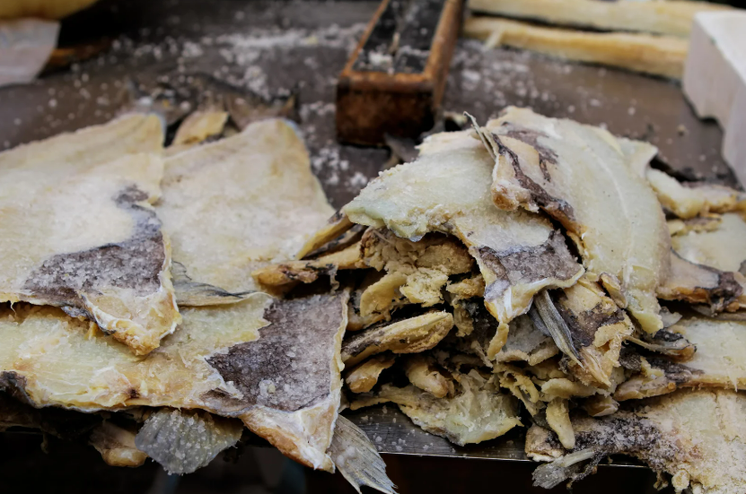 Close-up of dried salted cod (bacalao) sold at the weekly market in Porto Cristo, Mallorca.