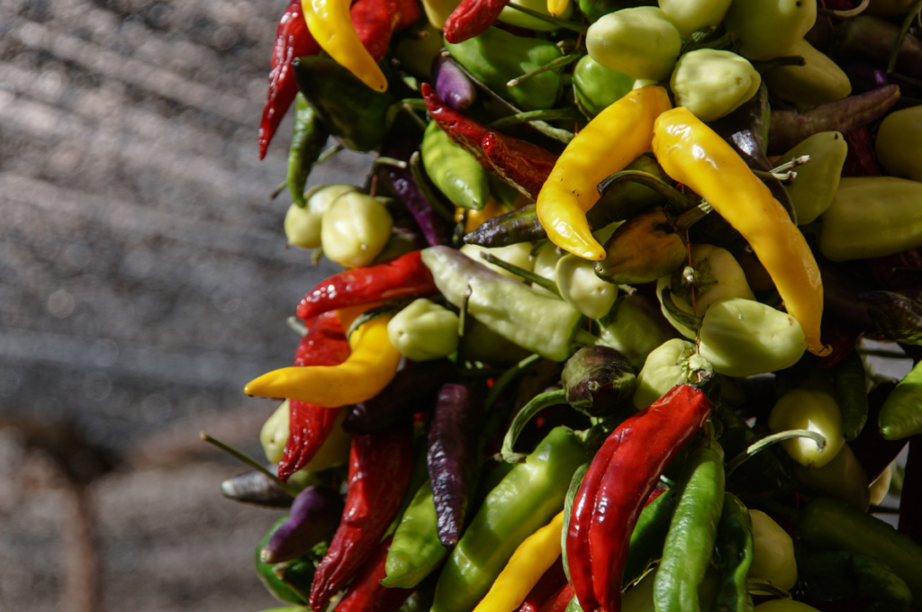 Colorful chili peppers at a weekly market Porto Cristo in Mallorca – vibrant local produce on display.